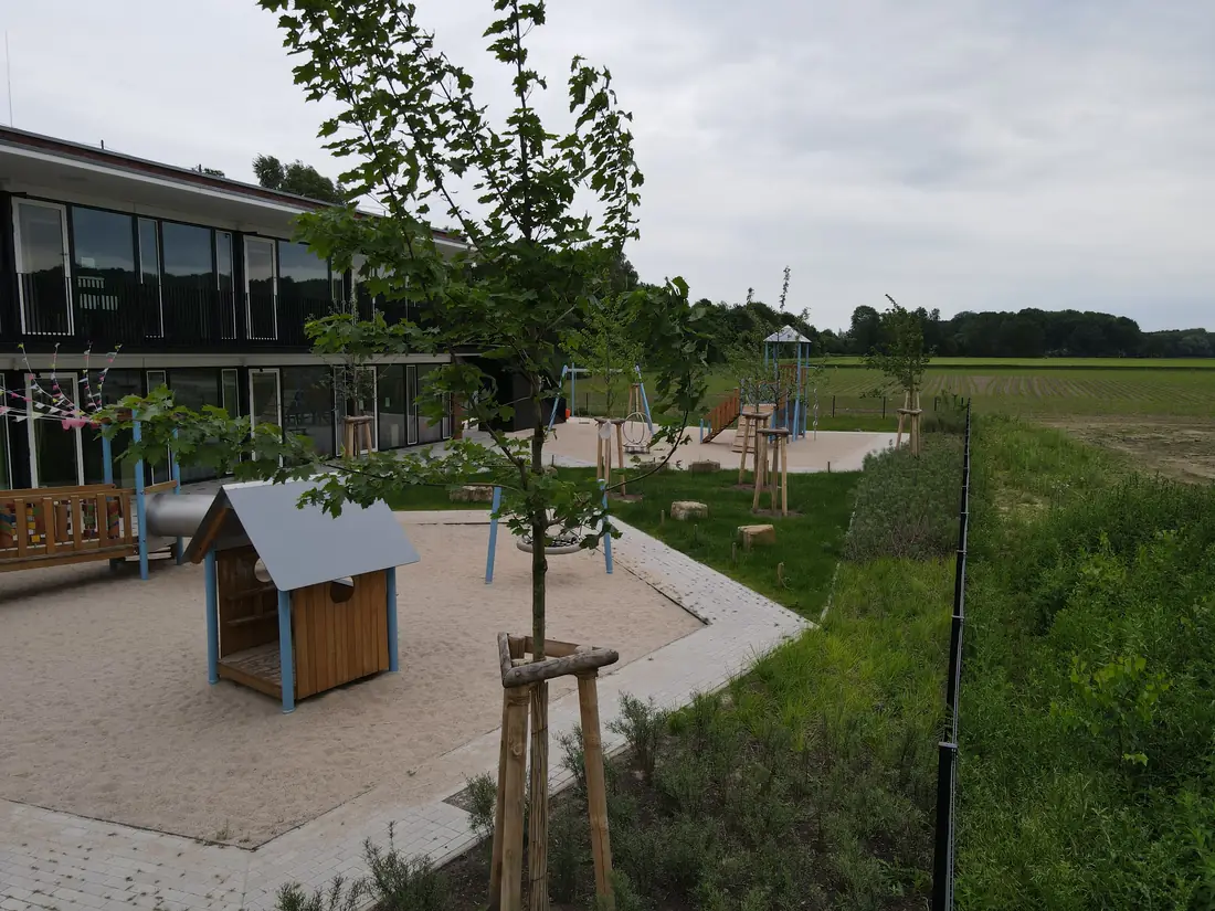 Fertiggestellte Außenanlage einer Schule mit Wegen, Spielbereich und frisch gepflanzten Bäumen